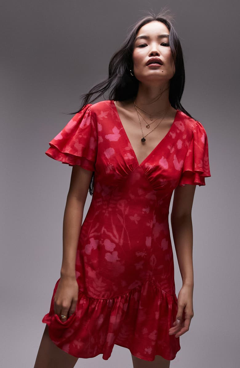 Topshop Bella Floral Flutter Sleeve Minidress, Alternate, color, Red