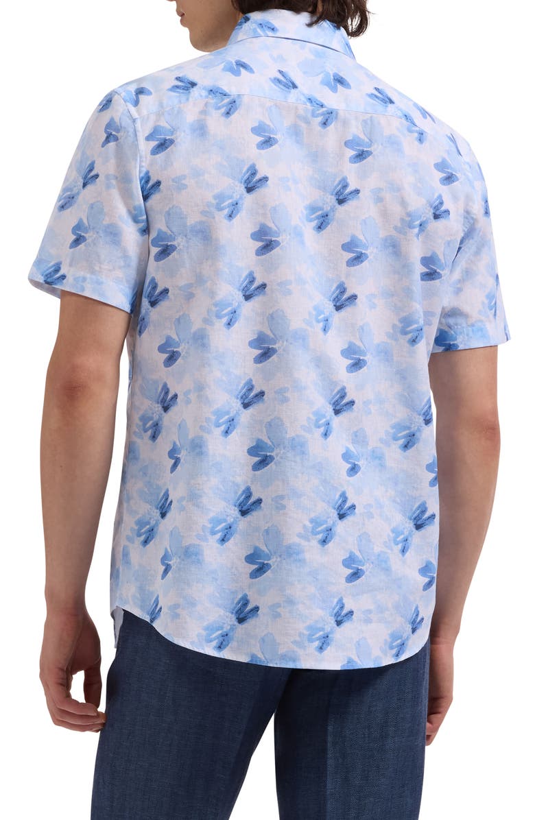 Bugatchi Orson Shaped Fit Abstract Floral Short Sleeve Linen & Cotton Button-Up Shirt, Alternate, color, Classic Blue
