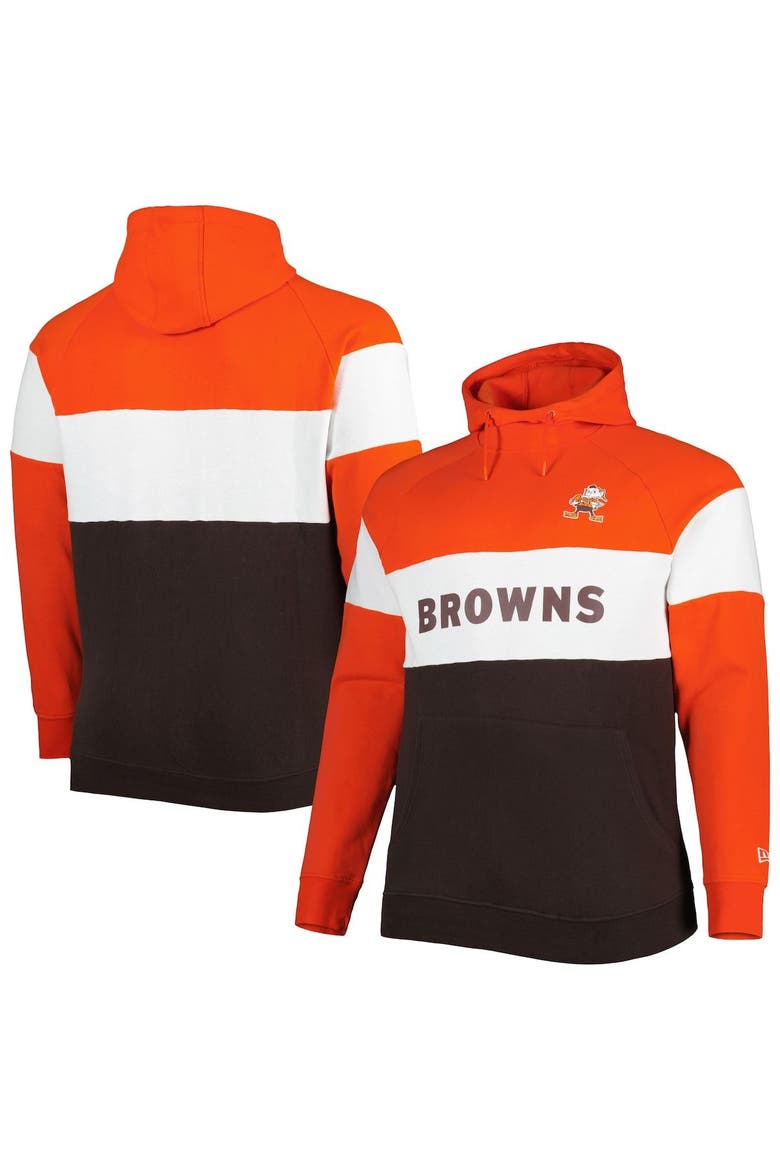Men's New Era Orange/Brown Cleveland Browns Big & Tall Throwback Colorblock Fleece Raglan Pullover Hoodie, Main, color, Brown