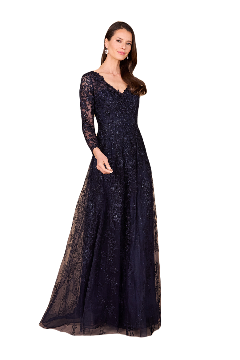 Long Bell Sleeve V-Neck Beaded Gown, Main, color, Navy