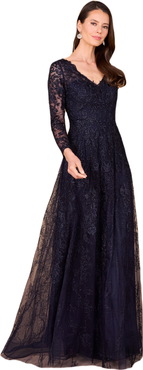 LARA New York Long Bell Sleeve V-Neck Beaded Gown