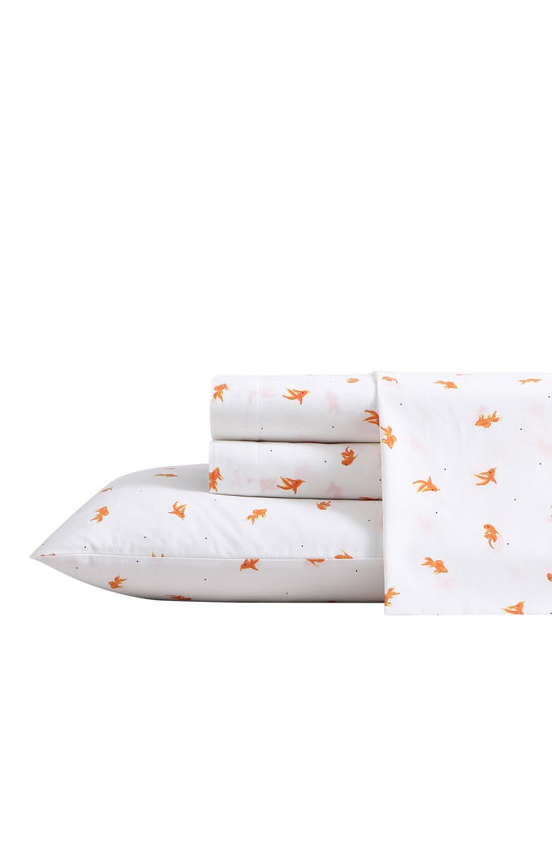 POPPY AND FRITZ Goldfish Print 200 Thread Count Cotton Percale Sheet Set, Main, color, Bright Orange