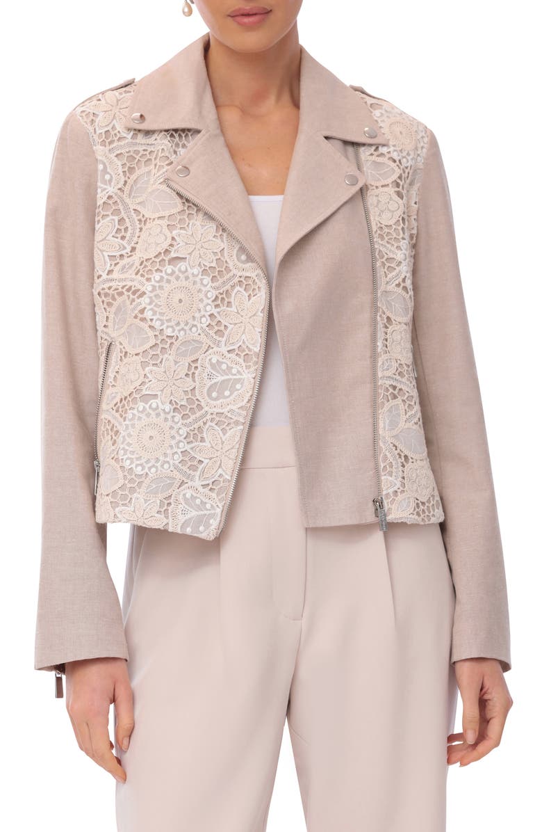 Bagatelle Mixed Media Moto Jacket, Main, color, Natural Crochet