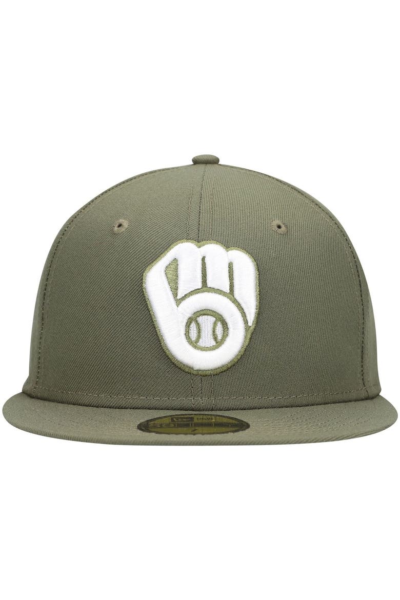 Men's New Era Olive Milwaukee Brewers White Logo 59FIFTY Fitted Hat, Alternate, color, Olive
