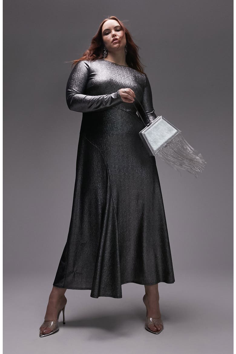 Curve Cutout Long Sleeve Metallic Maxi Dress, Main, color, SILVER