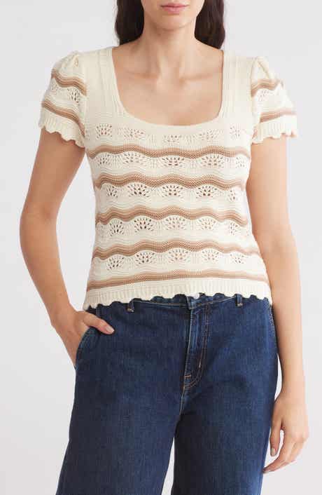 DR2 by Daniel Rainn Cotton Wavy Stripe Short Sleeve Sweater