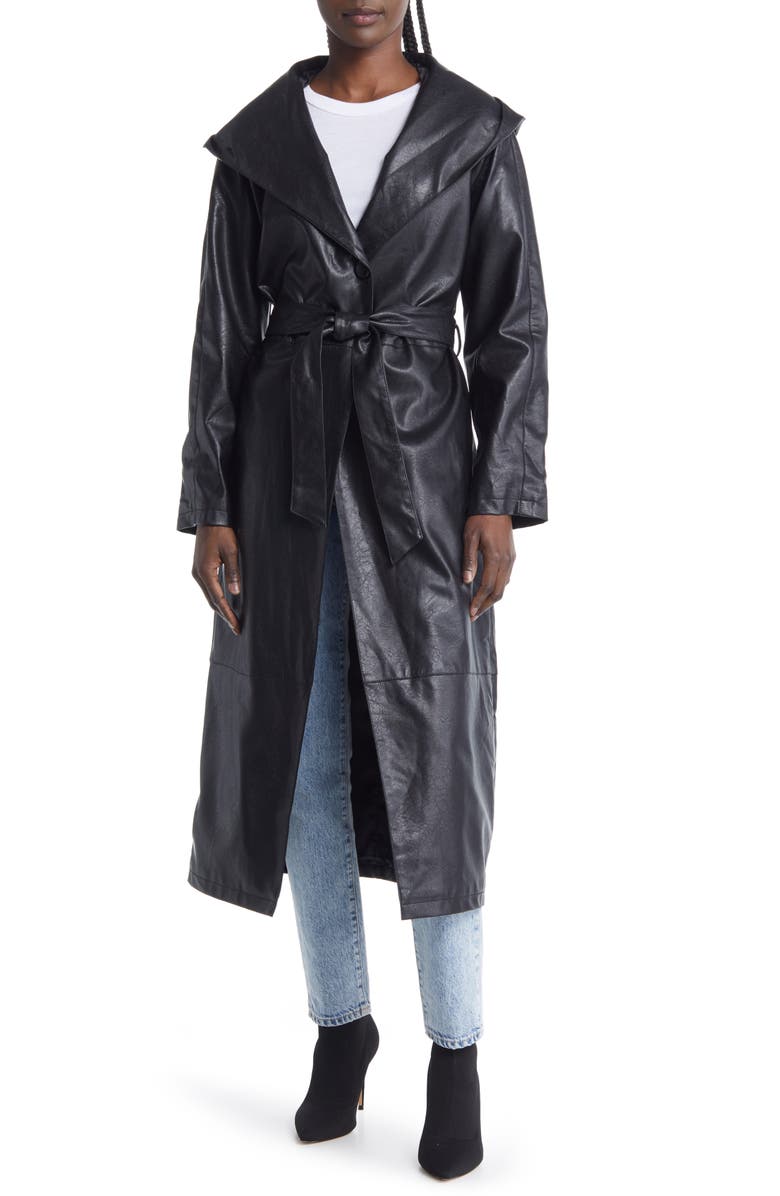 AZALEA WANG Faux Leather Hooded Trench Coat, Main, color, 