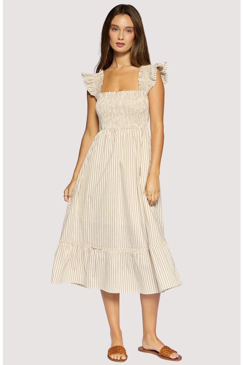 Lido Affair Stripe Smocked Tiered Midi Dress, Alternate, color, CREAM BROWN