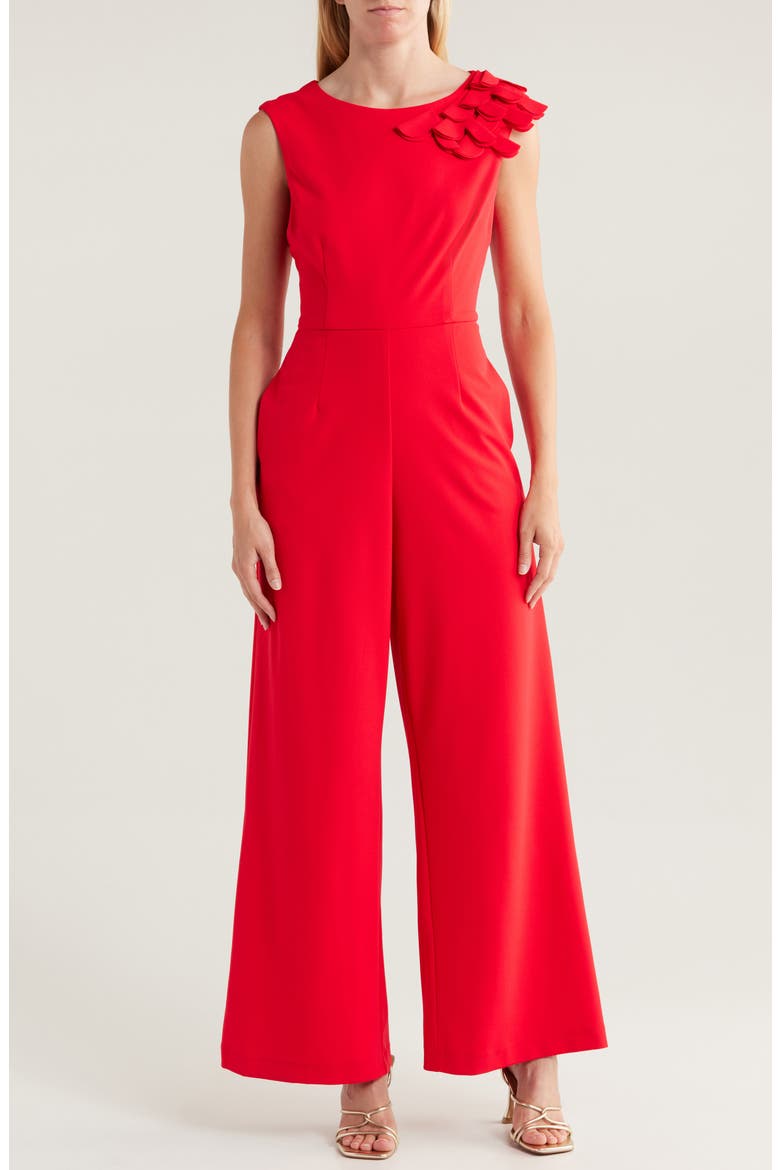 Floral Appliqué Wide Leg Jumpsuit, Main, color, RED