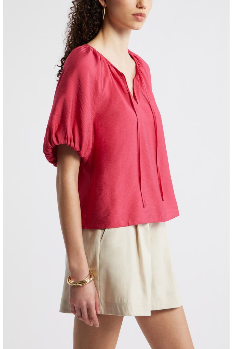 Puff Sleeve V-Neck Shirt, Alternate, color, RED JAZZY