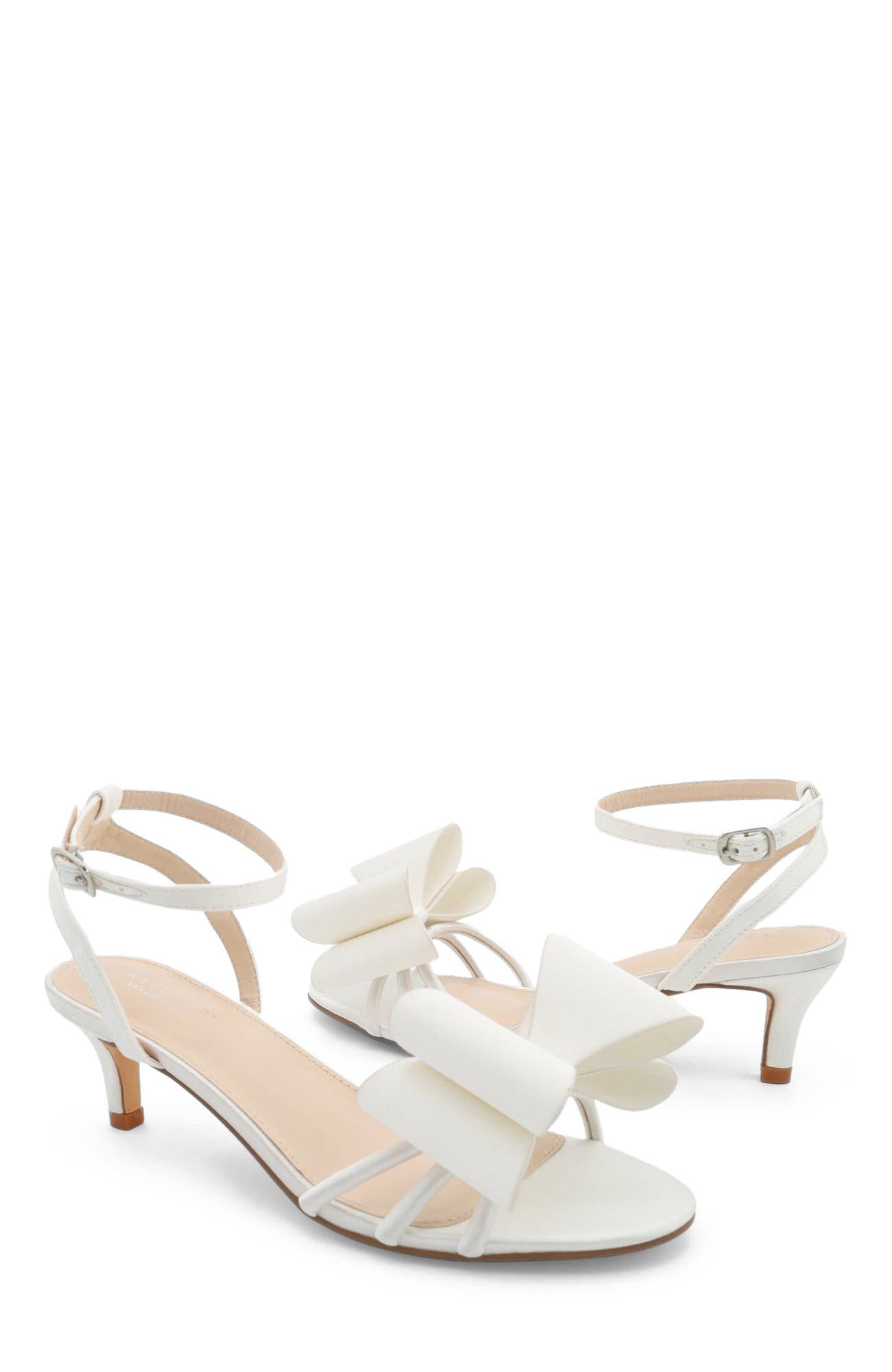 Sylvia Satin Strappy Kitten Heel Sandals with Tuxie Bow, Alternate, color, White