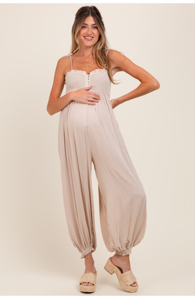 PinkBlush Smocked Button Front Shoulder Tie Jumpsuit, Main, color, Beige