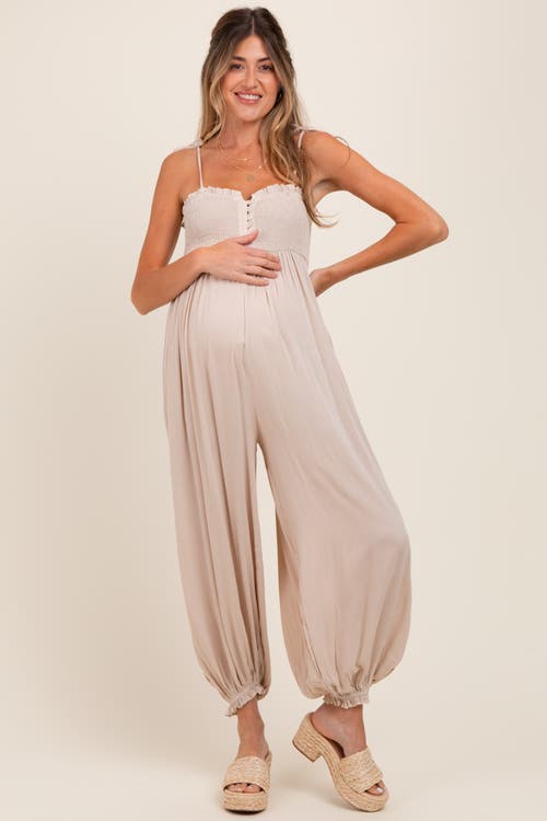 Pinkblush Smocked Button Front Shoulder Tie Jumpsuit In Sand