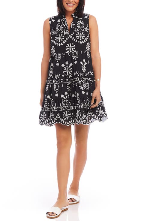 Karen Kane Eyelet Embroidered Sleeveless Tiered Cotton Dress (Petite)