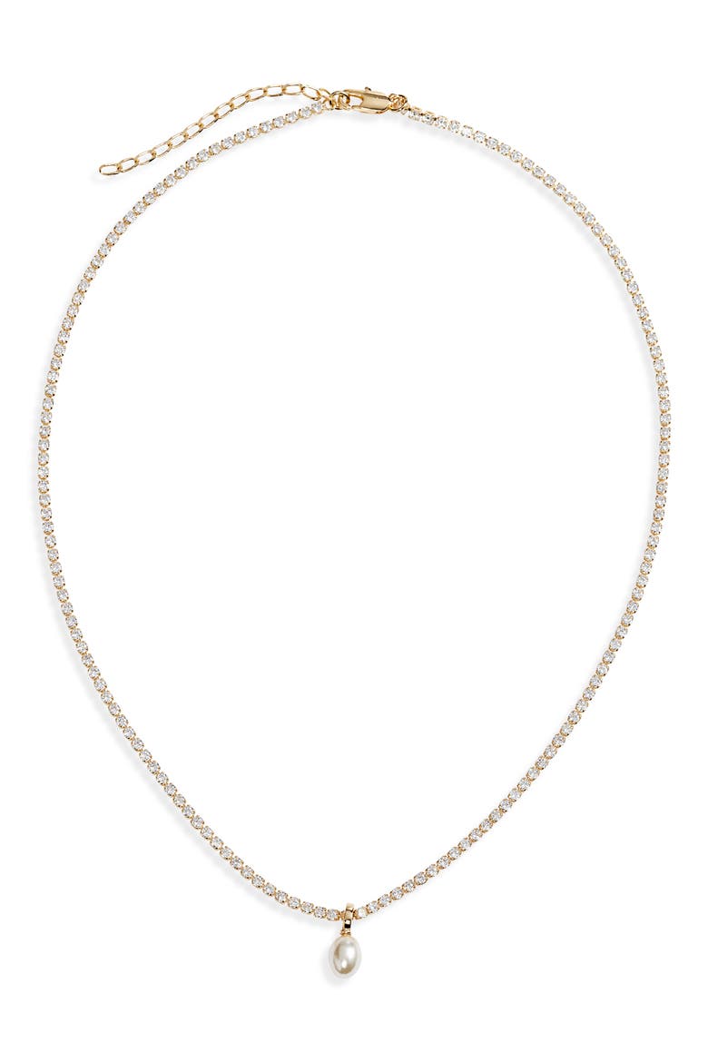 Freshwater Pearl Drop Cubic Zirconia Tennis Necklace, Main, color, CLEAR- WHITE- GOLD