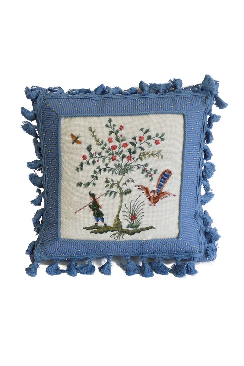 Colonial Williamsburg Boy And Peacock Needlepoint Accent Pillow, Main, color, Blue