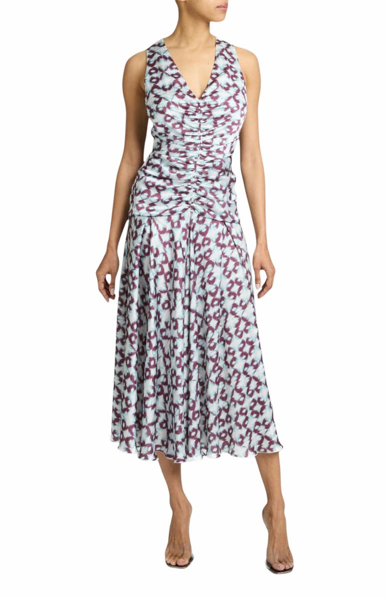 Santorelli Eden Sleeveless Fit and Flare Midi Dress with Center Ruching in Graphic Printed Charmeuse, Alternate, color, 