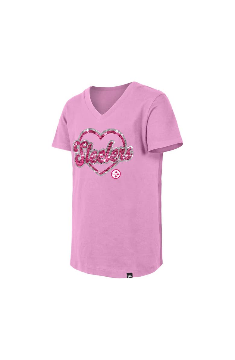 New Era Girls Youth New Era Pink Pittsburgh Steelers Flip Sequins V-Neck T-Shirt, Alternate, color,