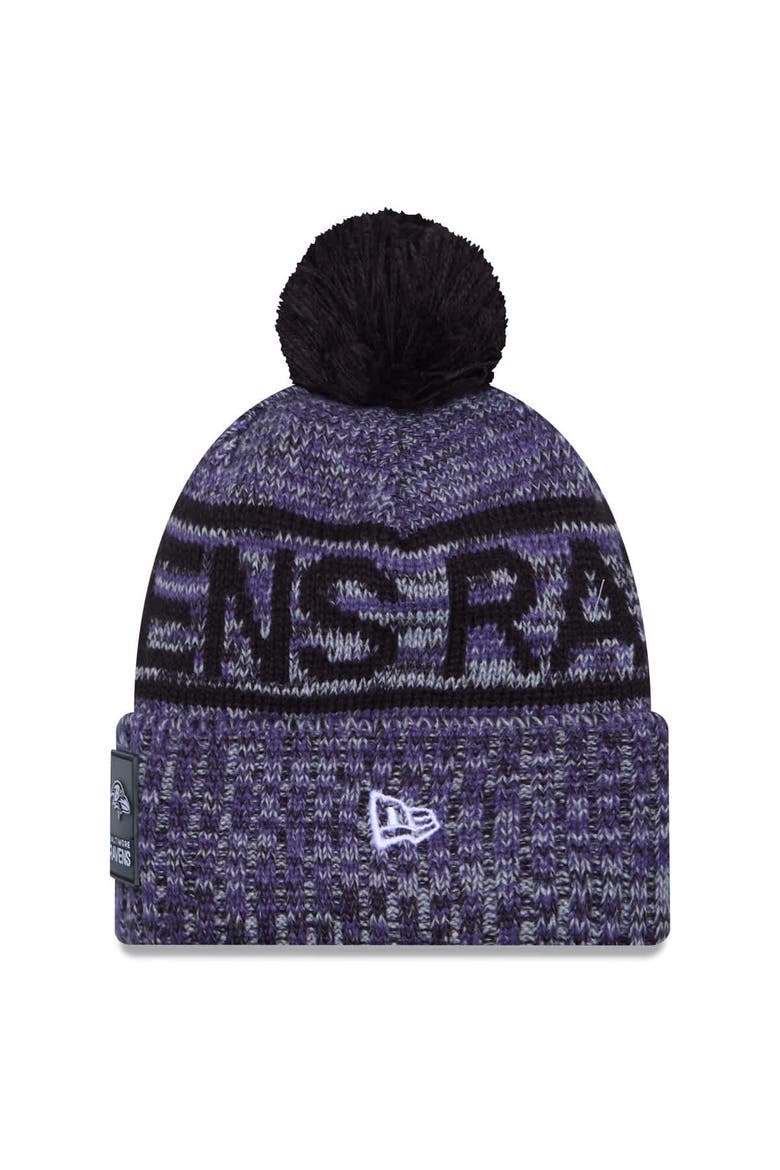 Men's New Era Purple Baltimore Ravens 2025 Sideline Cold Weather Cuffed Knit Hat with Pom, Alternate, color, Purple