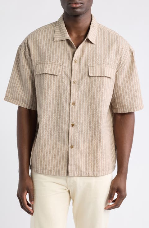 Floragraph Stripe Cotton Blend Seersucker Camp Shirt
