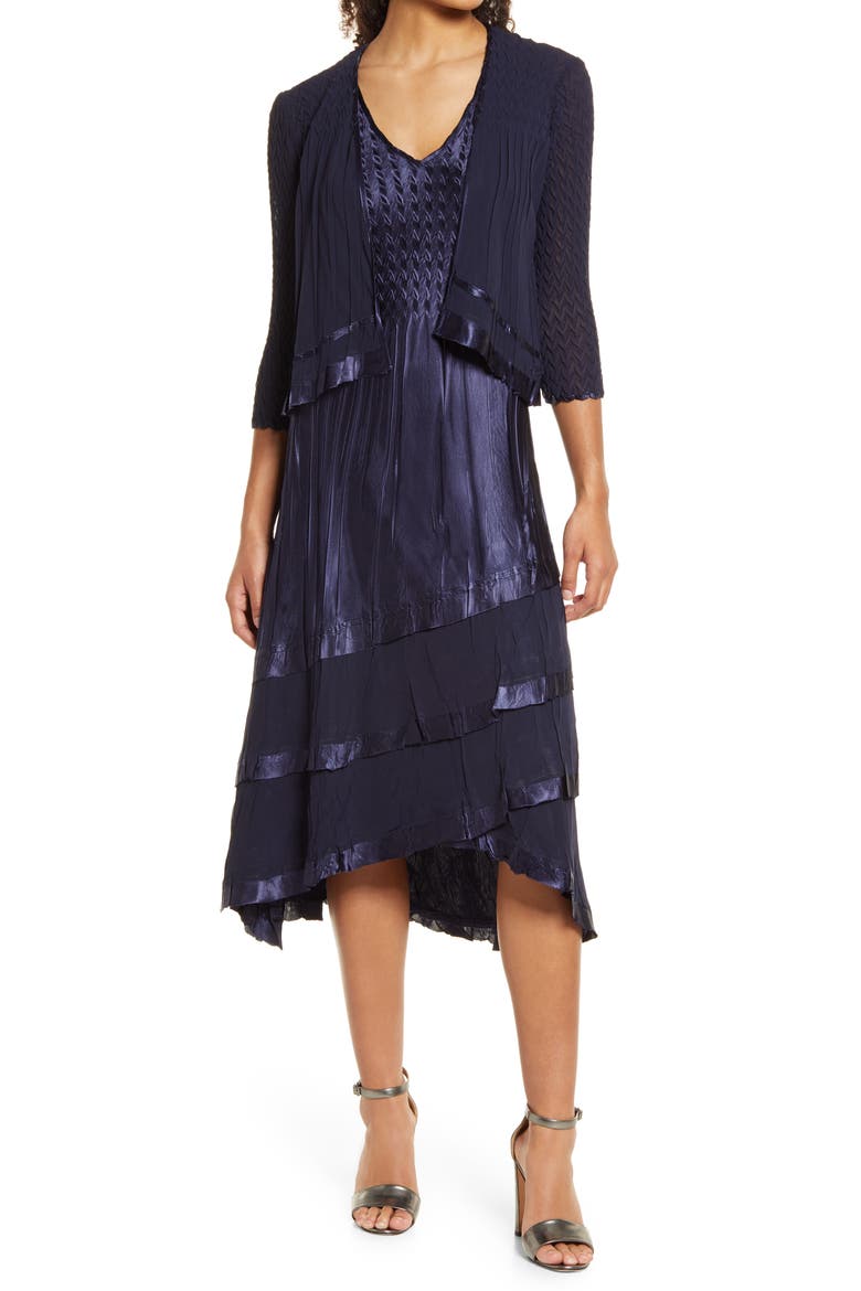 Tiered Chiffon & Charmeuse Midi Dress with Jacket, Main, color, MIDNIGHT NAVY