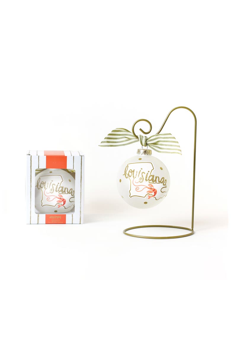Louisiana Motif Glass Ornament & Gold Swirl Stand, Main, color, Orange