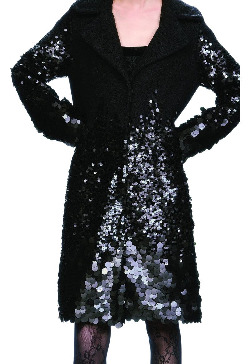 Pailettes Wool Coat, Alternate, color, Black