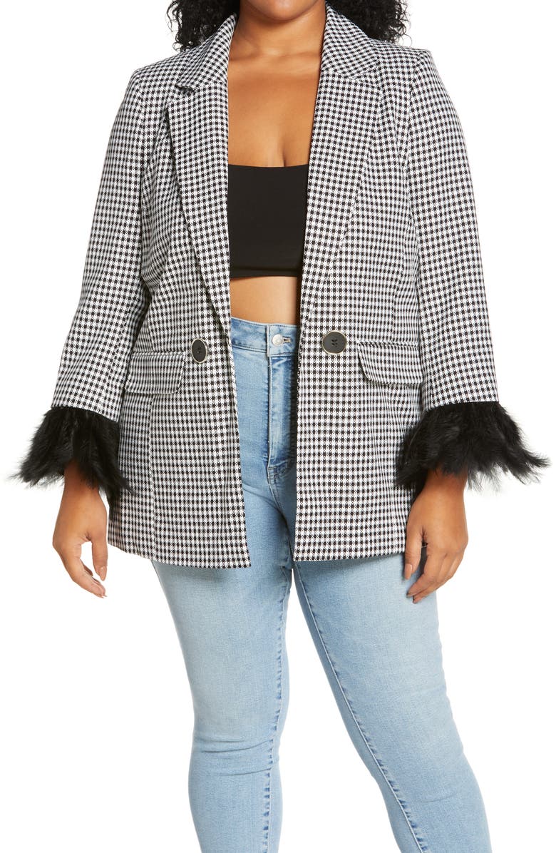 River Island Feather Cuff Check Double Breasted Blazer, Main, color,