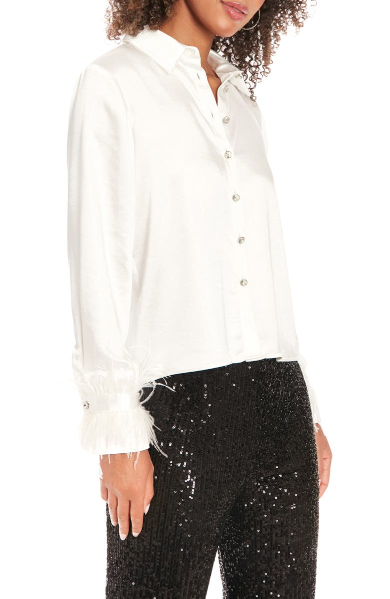 Muse Feather Trim Satin Button-Up Shirt, Alternate, color, White
