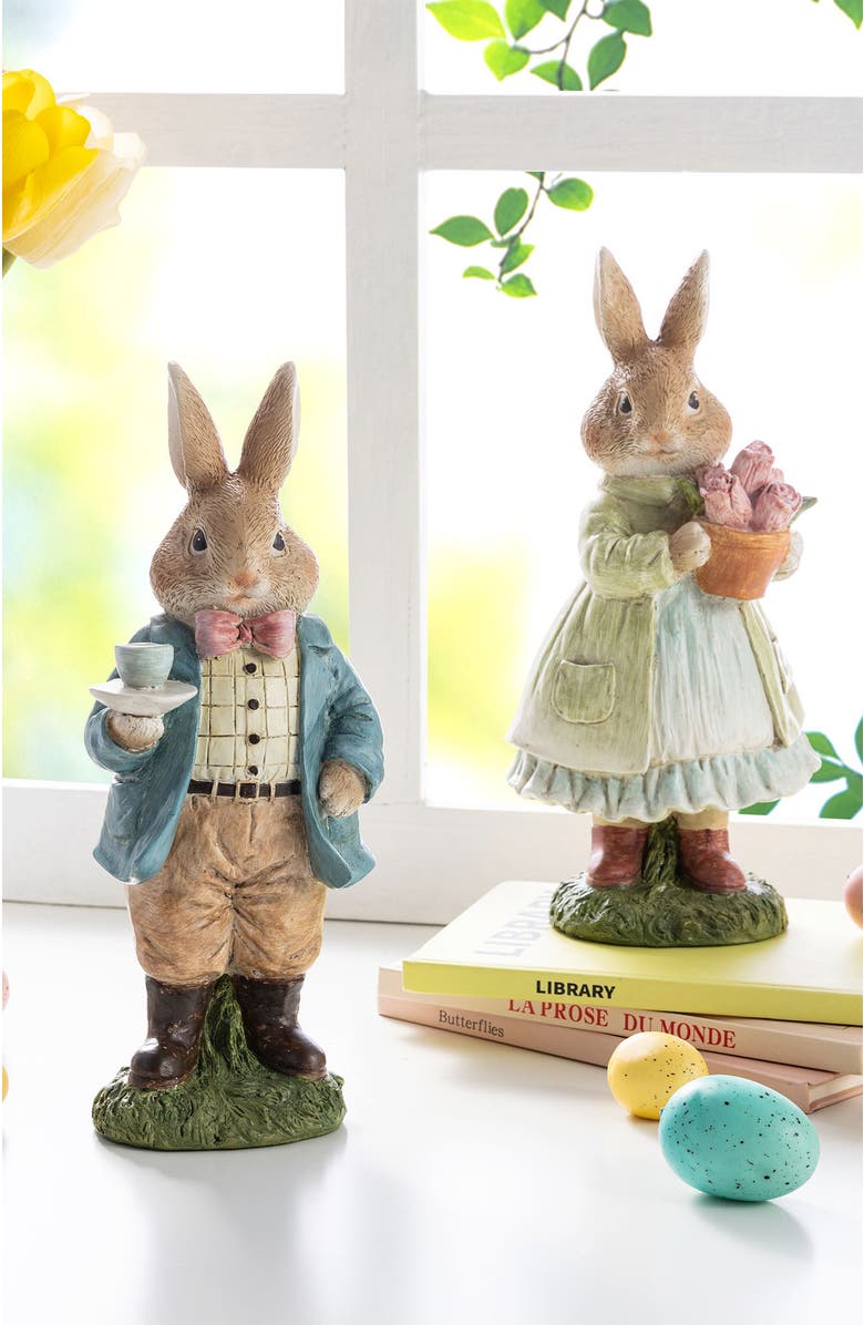 Glitzhome Easter Resin Bunny Couple Table Decor with Coffee and Tulips, Alternate, color, Brown