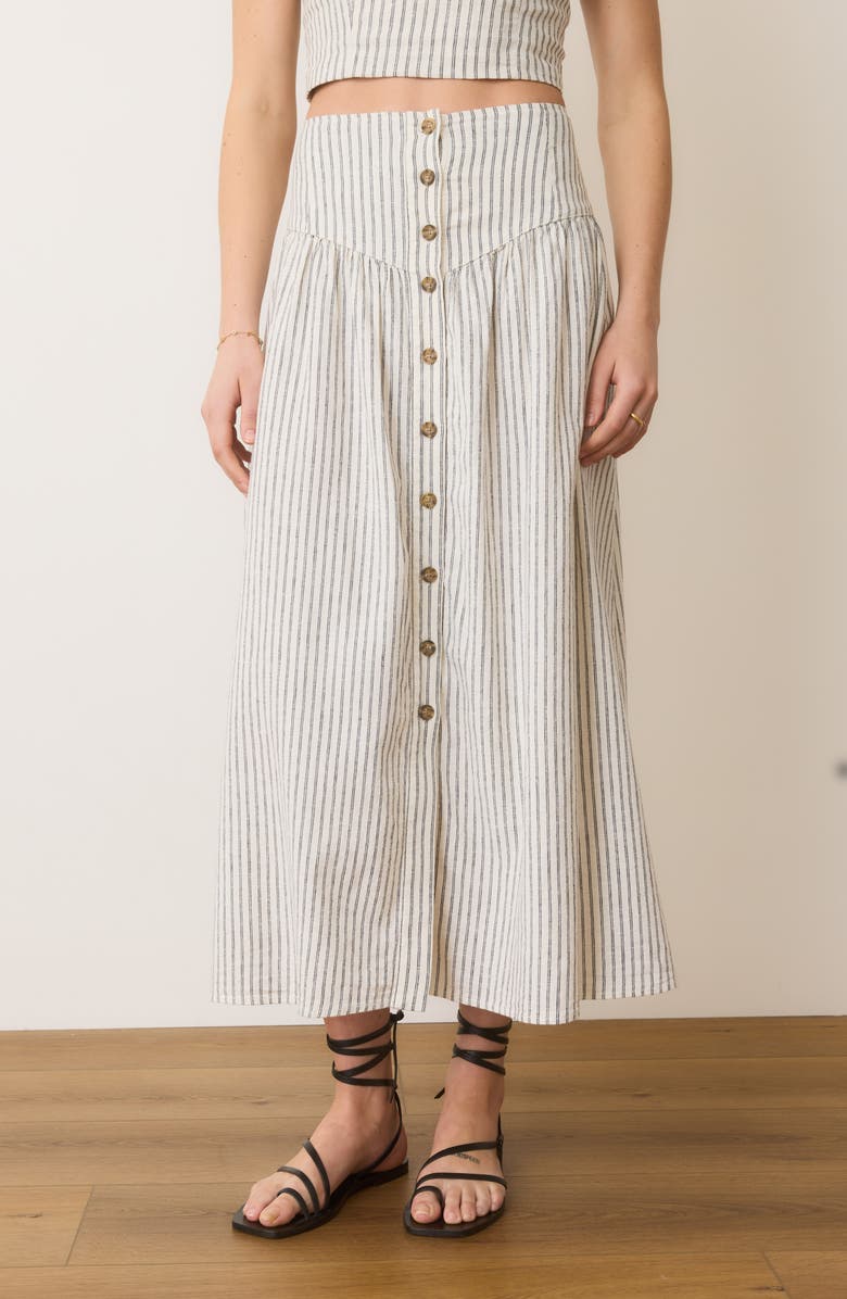 Marine Layer Jade Stripe Button Front Hemp Blend Midi Skirt, Alternate, color, 