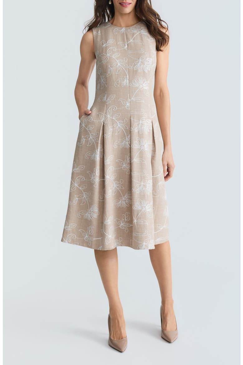 Embroidered Fit & Flare Dress, Main, color, STRAW MELANGE/ WHITE