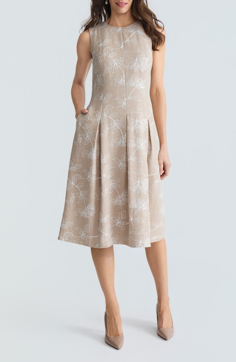 KASPER Embroidered Fit & Flare Dress, Main, color, Straw Melange/ White