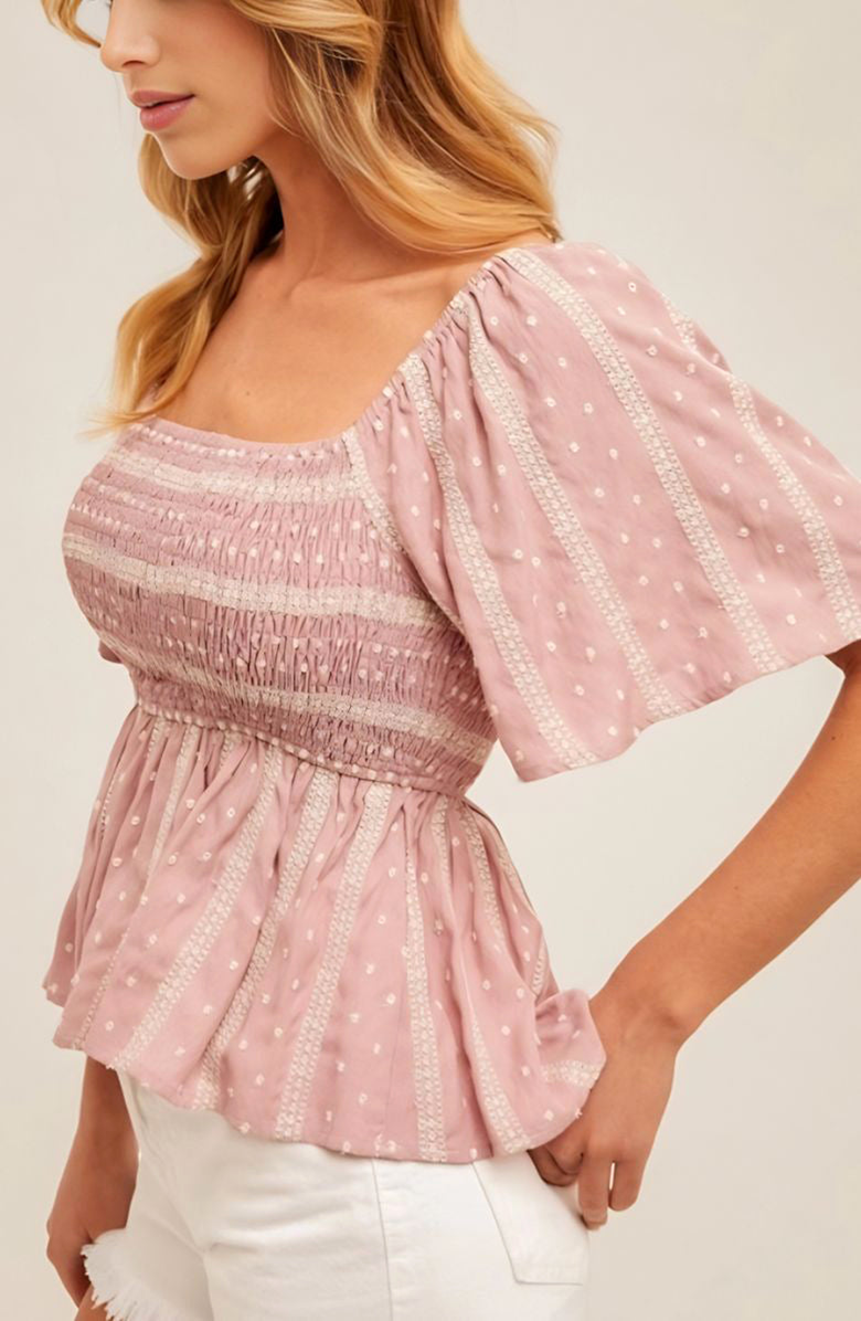 Knit and Lounge Smocked Bodice Peplum Blouse With Flutter Sleeves, Alternate, color, Pink