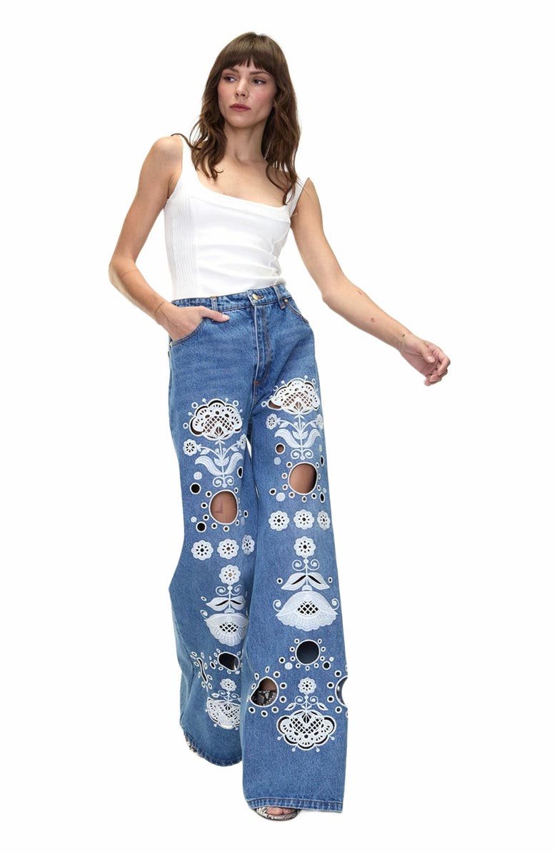 Cynthia Rowley Embroidered Wide-leg Jean, Alternate, color, Blue/White