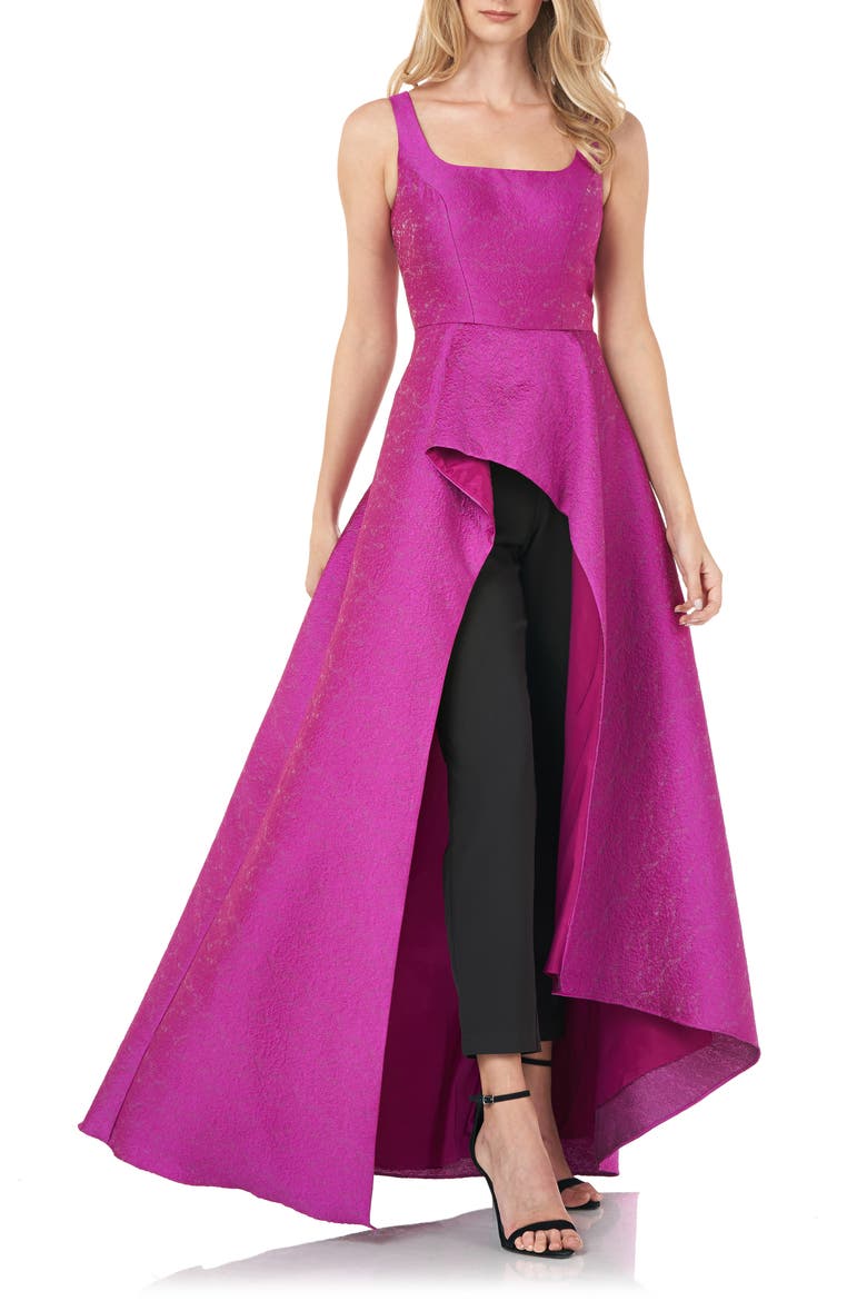 Jacquard Asymmetric Ruffle Maxi Jumpsuit, Main, color, CERISE