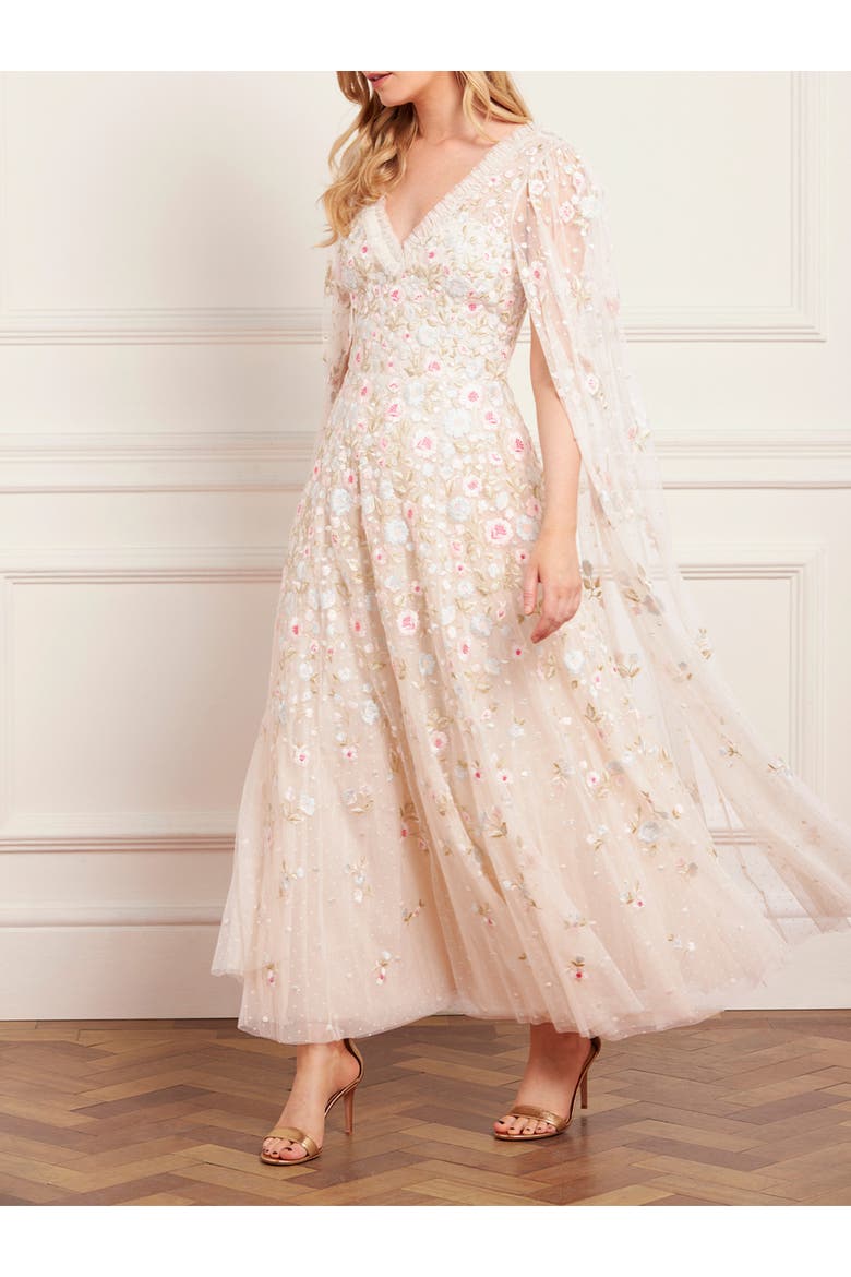 Ethereal Blooms Cape Sleeve Ankle Gown, Alternate, color, Cream/Multi