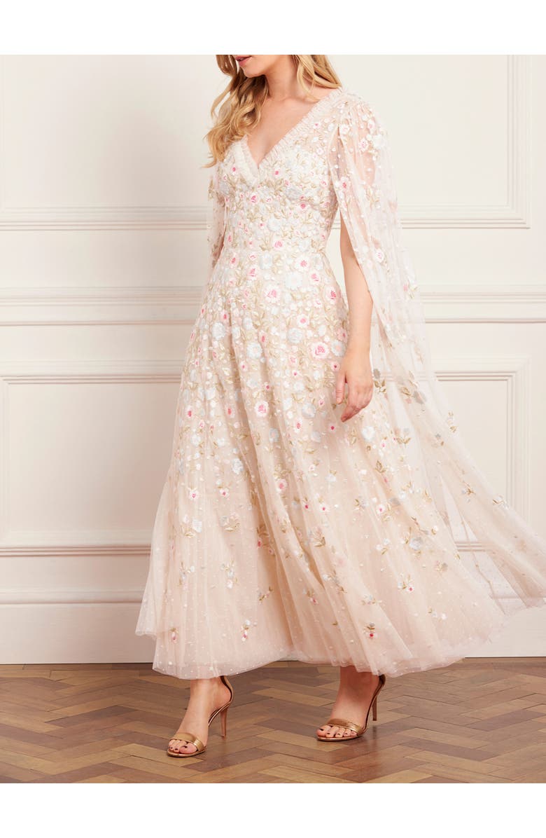 Needle & Thread Ethereal Blooms Cape Sleeve Ankle Gown, Alternate, color, Cream/Multi