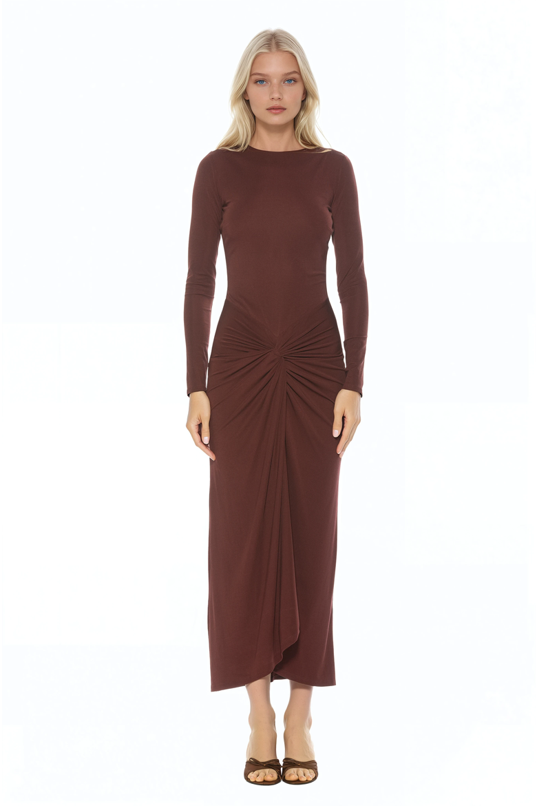 Revel Long Sleeve Draped Skirt Maxi Dress, Main, color, Burgundy