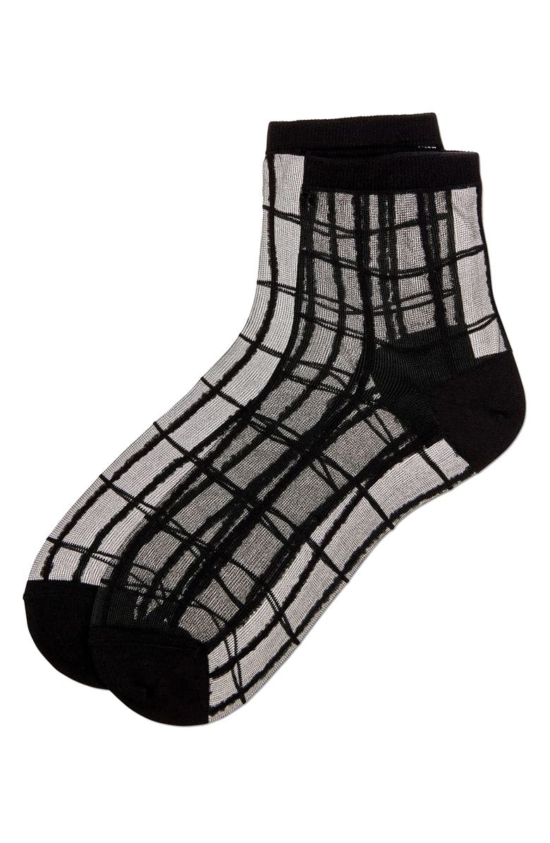 MeMoi Sheer Plaid Ankle Socks, Main, color, Black