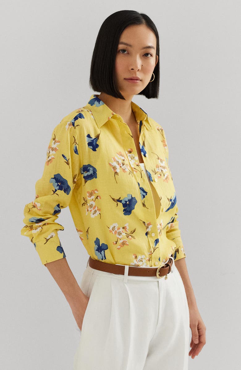 Lauren Ralph Lauren Long Sleeve Woven Linen Shirt, Alternate, color, Yellow Multi