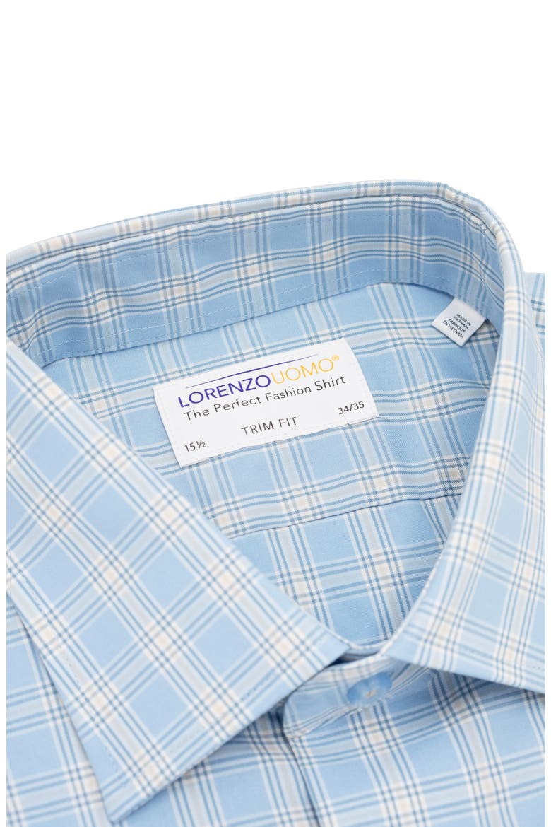 Trim Fit Plaid Stretch Cotton Dress Shirt, Alternate, color, LIGHT BLUE