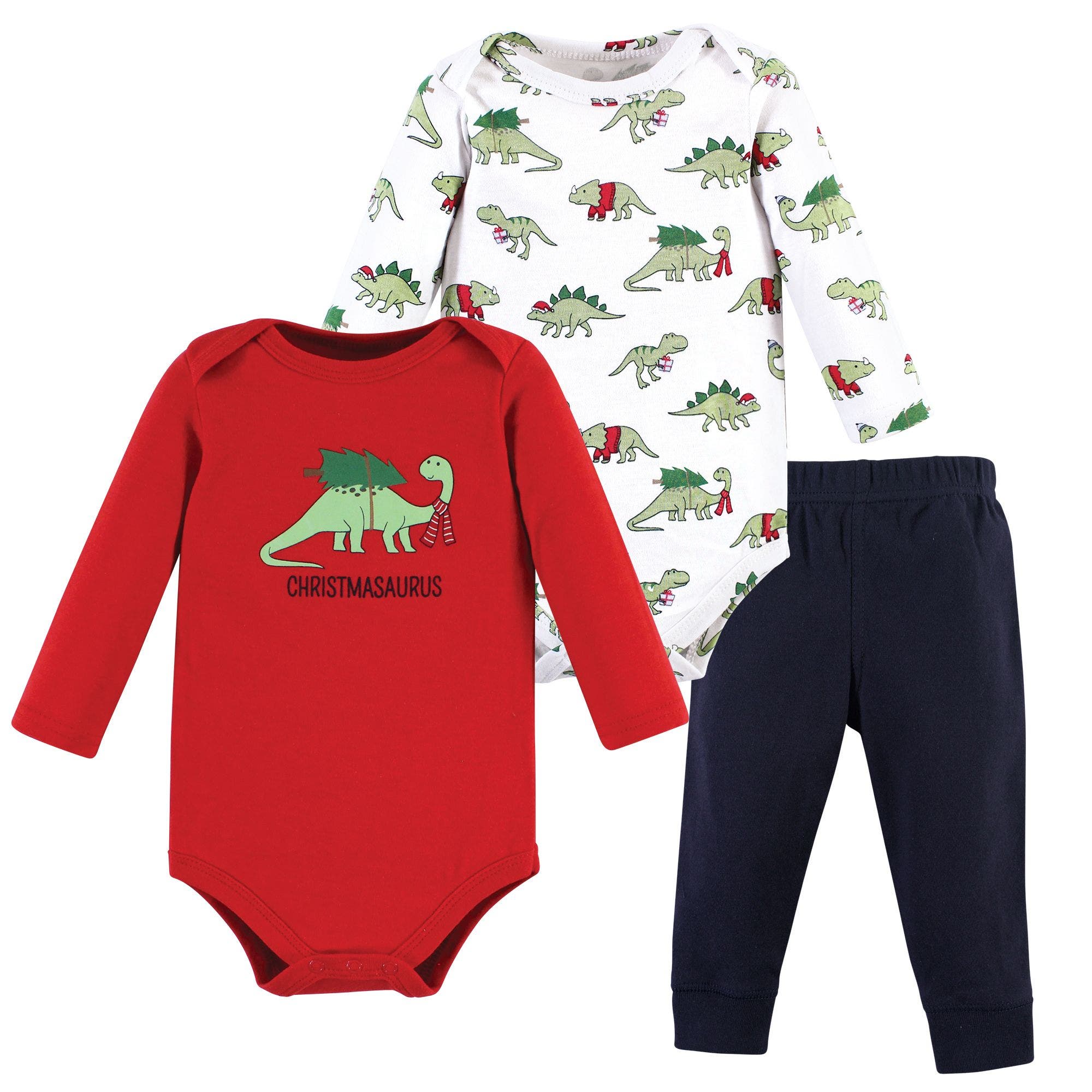 Hudson Baby Coordinated 3-Piece Outfit with Long-Sleeve Bodysuit & Pants in Christmasaurus 