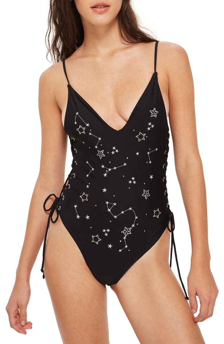 Topshop Cosmic Lace-Up One-Piece Swimsuit, Main, color, 