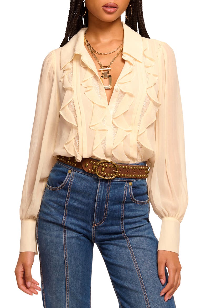 Claire Lace & Ruffle Silk Shirt, Main, color, BONE