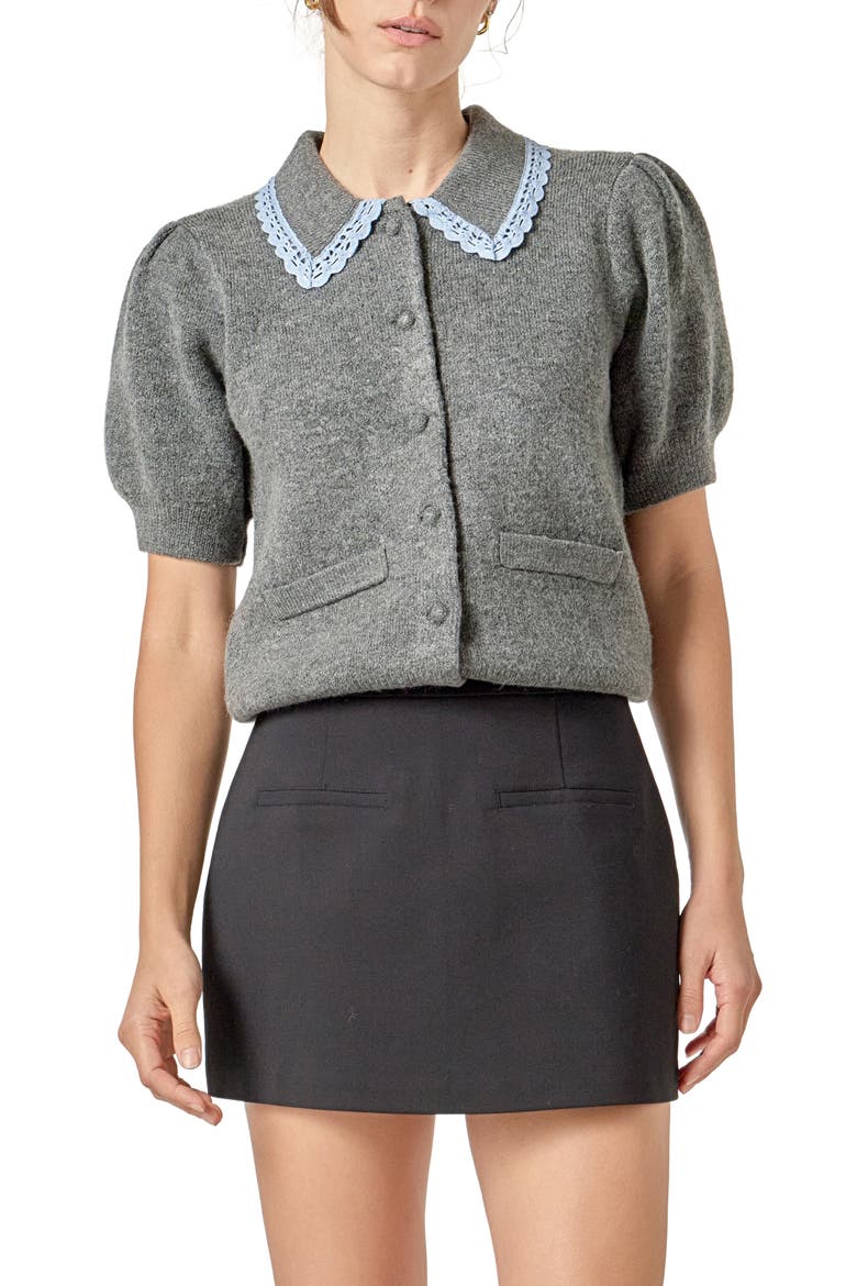 Lace Trim Puff Sleeve Cardigan, Main, color, HEATHER GREY
