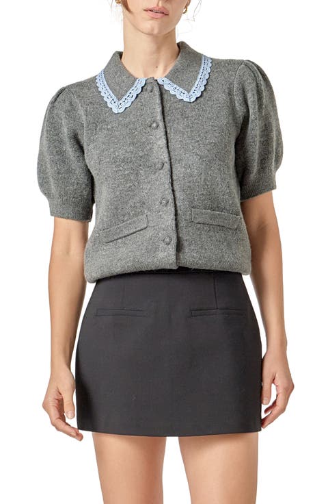 Lace Trim Puff Sleeve Cardigan