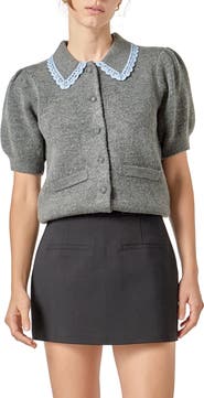 English Factory Lace Trim Puff Sleeve Cardigan
