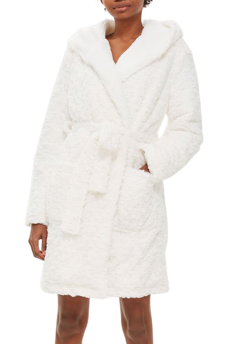 Fluffy Faux Fur Hooded Robe, Main, color, CREAM