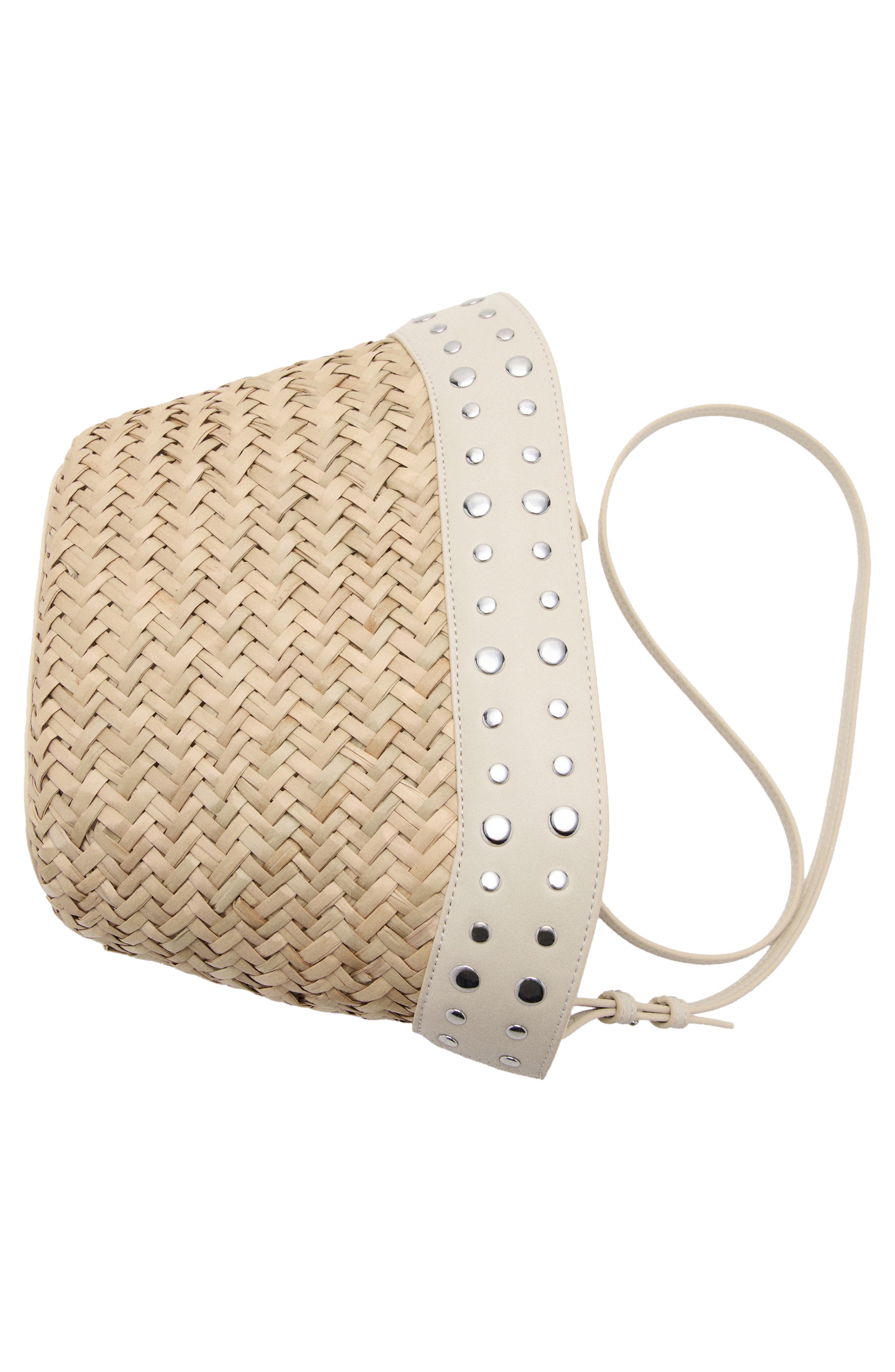 MANGO Studded Raffia Bucket Bag, Alternate, color, 